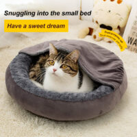 Thickened fleece round shell-shaped bed, large-sized cat bed dog bed semi-enclosed cat bed